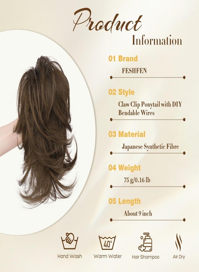 FESHFEN Claw Clip Short Ponytail Extensions - DIY Bendable Metals Fluffy Messy Bun Hair Piece Straight Synthetic Hairpieces Ponytail Extension for Women, Chestnut Brown - Image 2